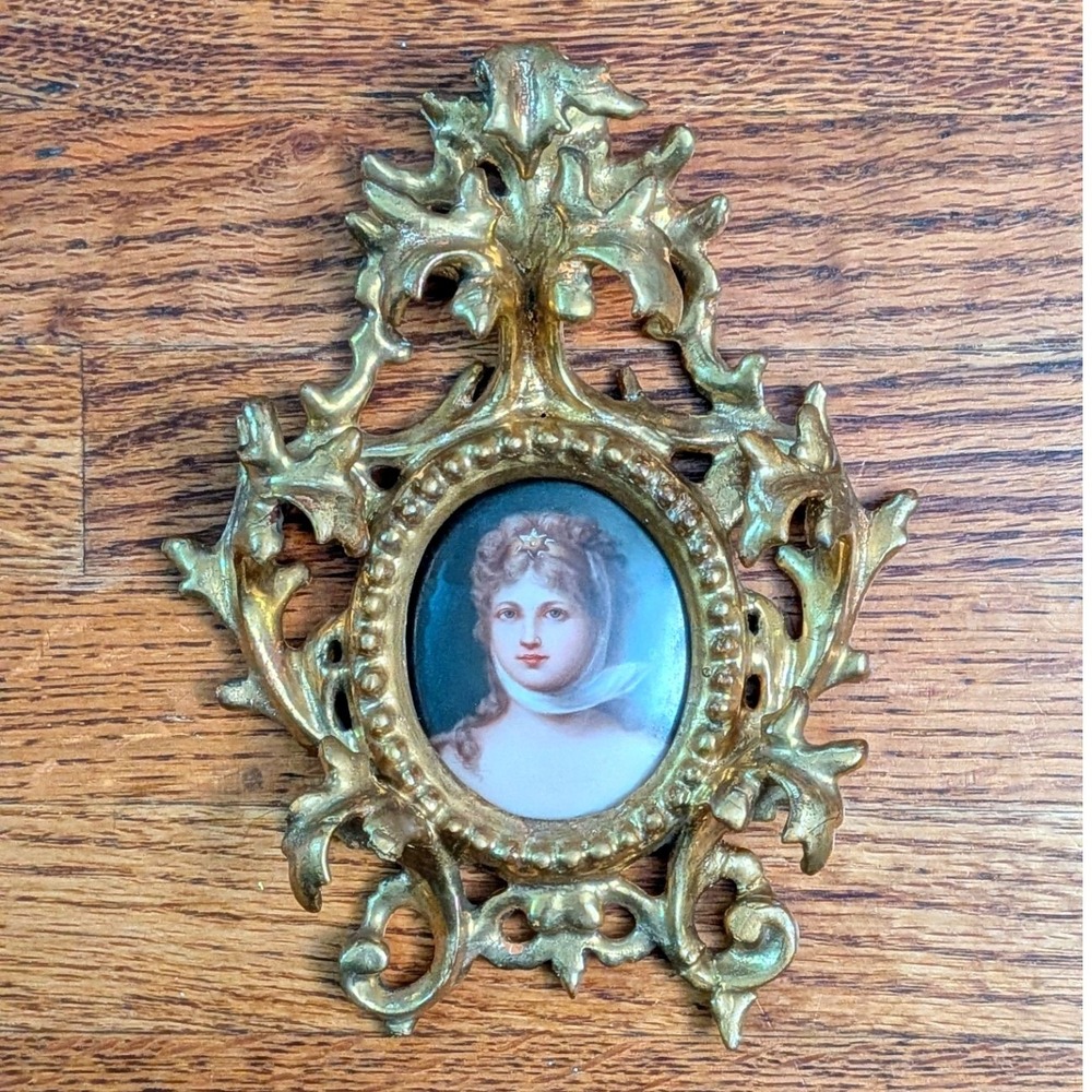 Antique Miniature Portrait Painting on Porcelain Ornate Gold Rococo Frame 6.5in